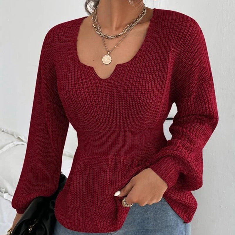 Women's Tailored Fine Knit Sweater with Notched V-Neck, Waist-Emphasizing Ribbed Area, and Balloon Sleeves Mune Fashion