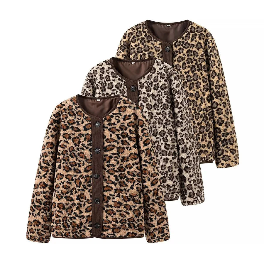 Women's teddy jacket with leopard print button closure and cord trim Mune Fashion