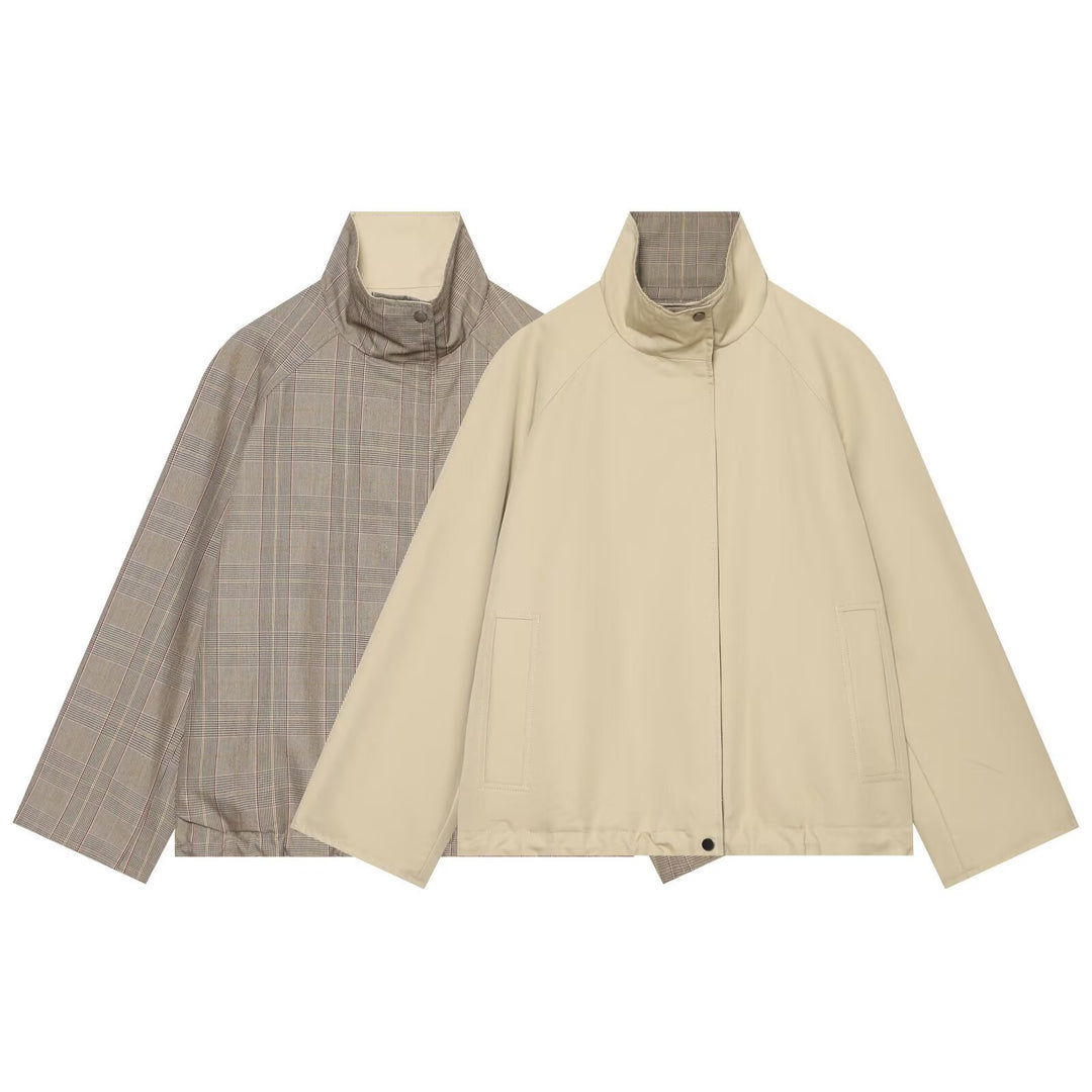Women's reversible lightweight transitional jacket with stand-up collar, raglan sleeves, and drawstring hem Mune Fashion