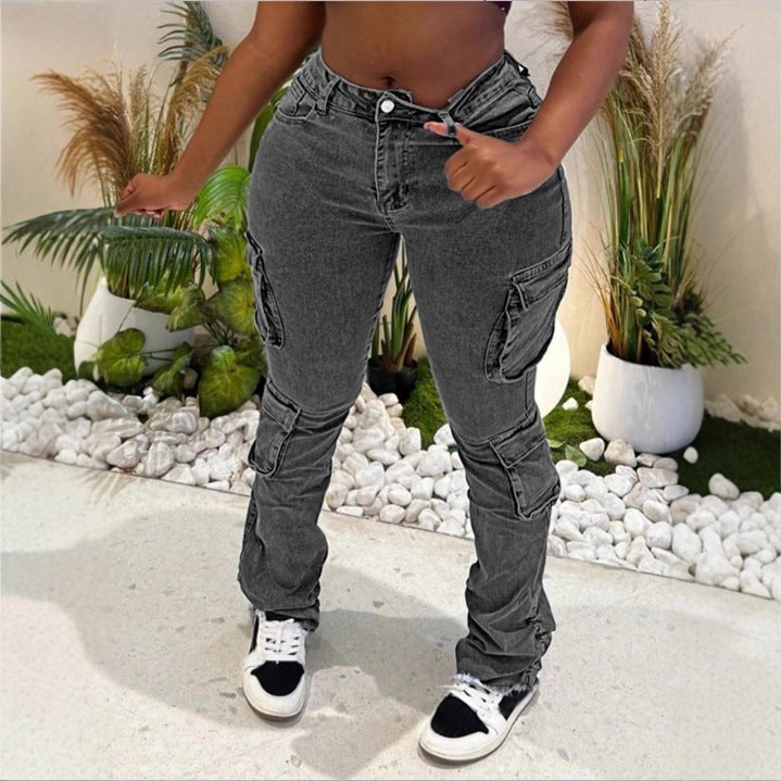Women High-Cut Cargo Jeans with Multiple Flap Pockets and Frayed Hem Mune Fashion