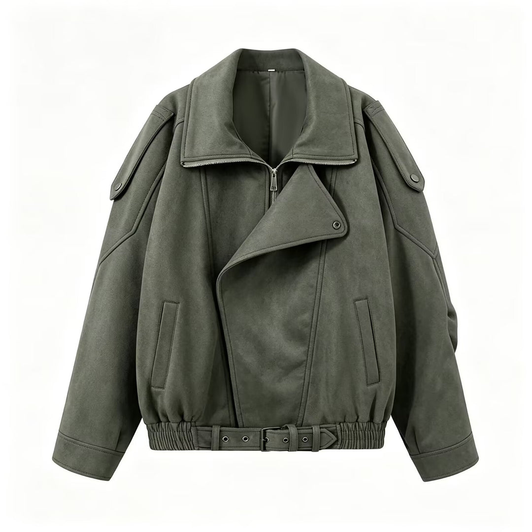 Women Oversize Bomber Jacket with Wide Lapel Collar, Waist Belt and Shoulder Epaulettes Mune Fashion