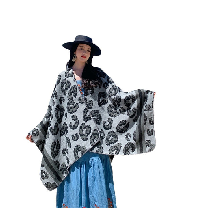 Women Oversize Poncho in Knit Wool Blend with Leopard Jacquard and V-Neck