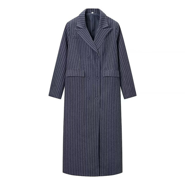 Women Long Cut Double Breasted Pinstripe Coat with Notch Collar Mune Fashion
