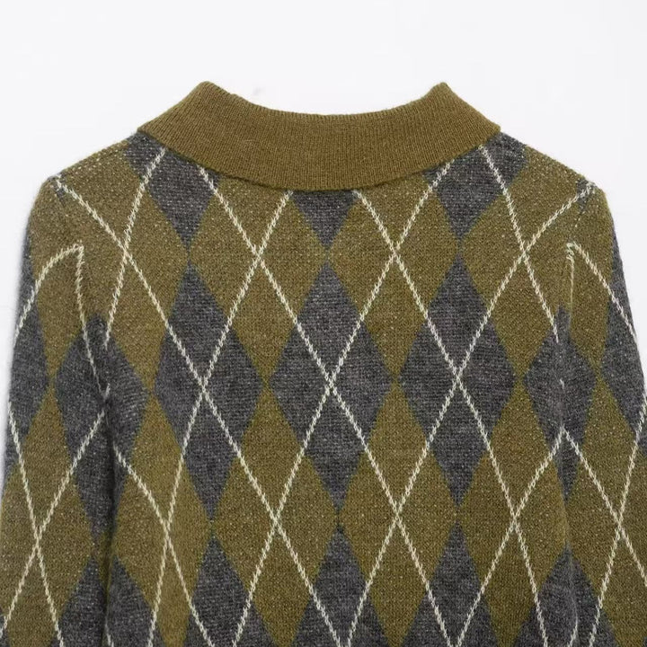 Women's Argyle Polo Knit Sweater with Cropped Cut, Ribbed Cuffs and Button Placket Mune Fashion