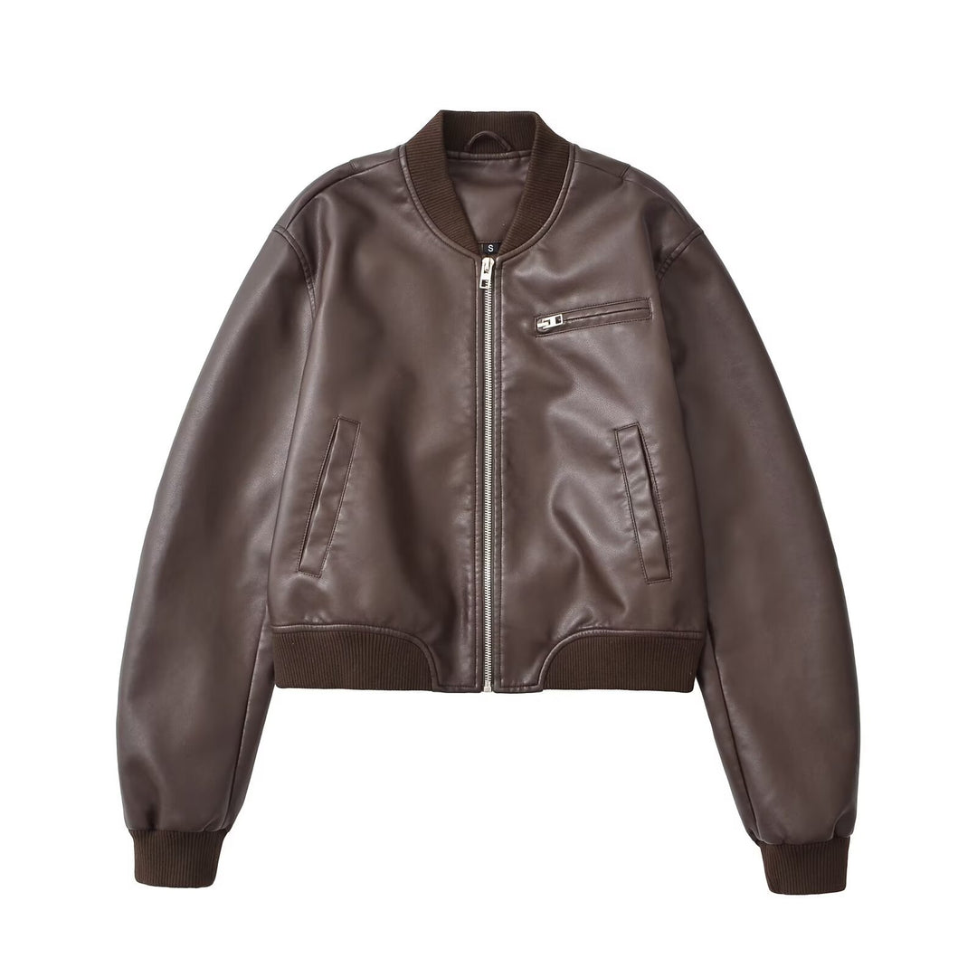 Women's bomber jacket in leather look with ribbed cuffs, chest pocket, and zipper Mune Fashion