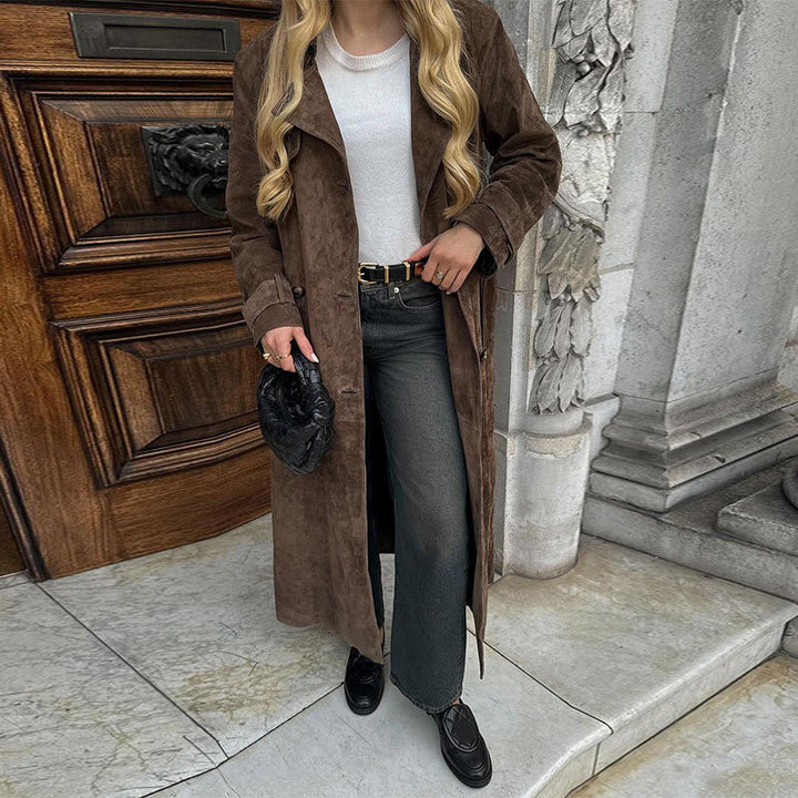 Women's Long Suede Jacket in a Minimalist Trench Look with Soft Lapels Mune Fashion