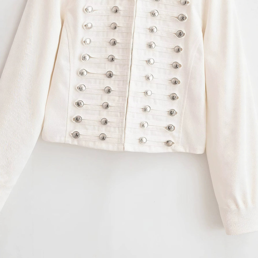 Women’s short jacket in a military-inspired marching uniform look with decorative chain buttons Mune Fashion