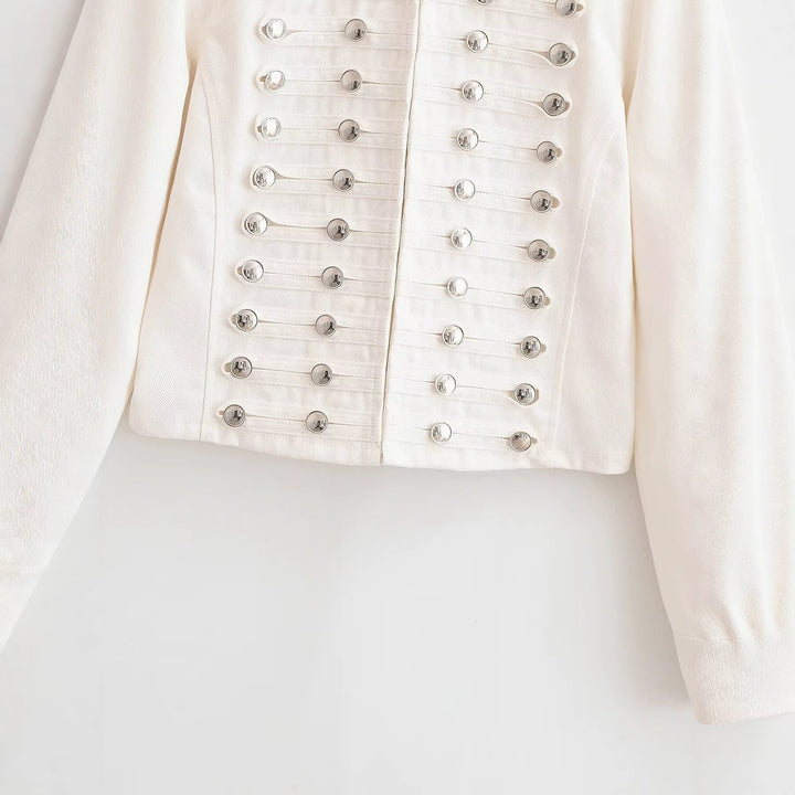 Women’s short jacket in a military-inspired marching uniform look with decorative chain buttons Mune Fashion