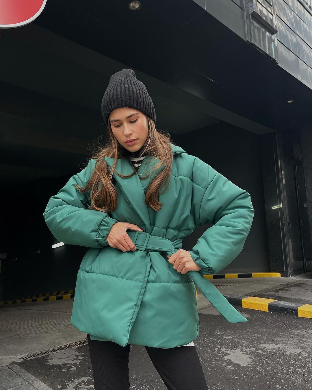 Women Padded Tailored Quilted Jacket with Belt and Hood Mune Fashion