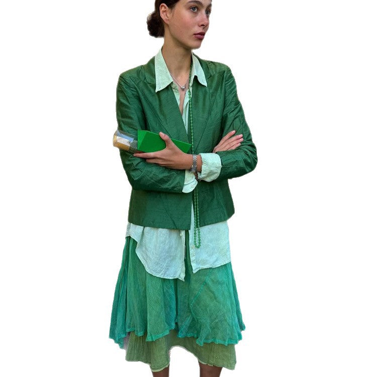 Women's Complete Outfit Short Blazer, Linen Blouse and Layered Midi Skirt Mune Fashion