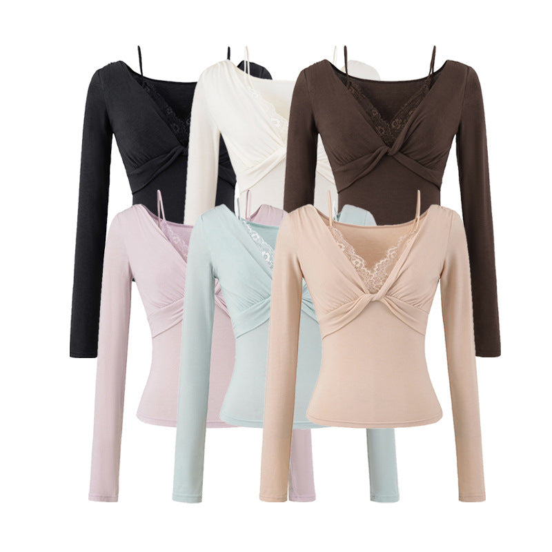 Women’s Figure-Hugging Long Sleeve Top with Twist Detail, Lace Insert and V-Neck