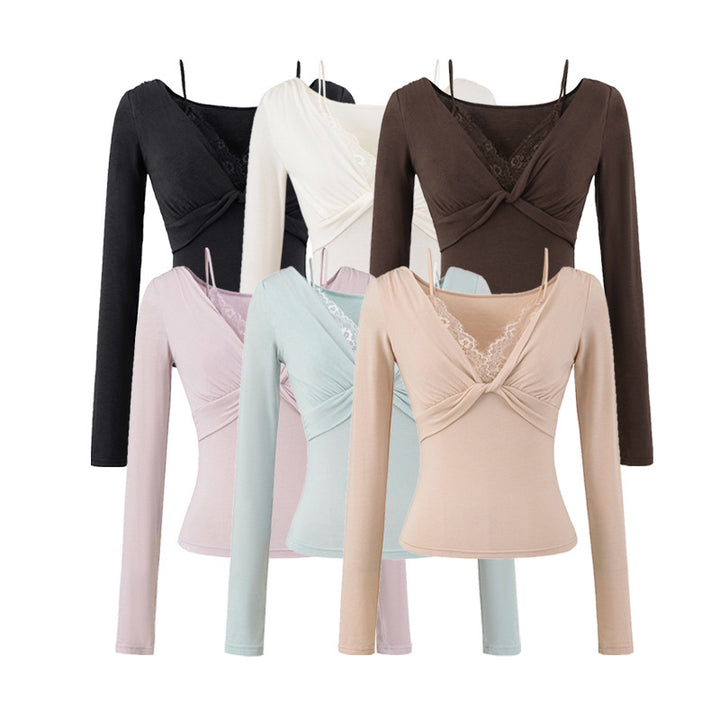 Women’s Figure-Hugging Long Sleeve Top with Twist Detail, Lace Insert and V-Neck