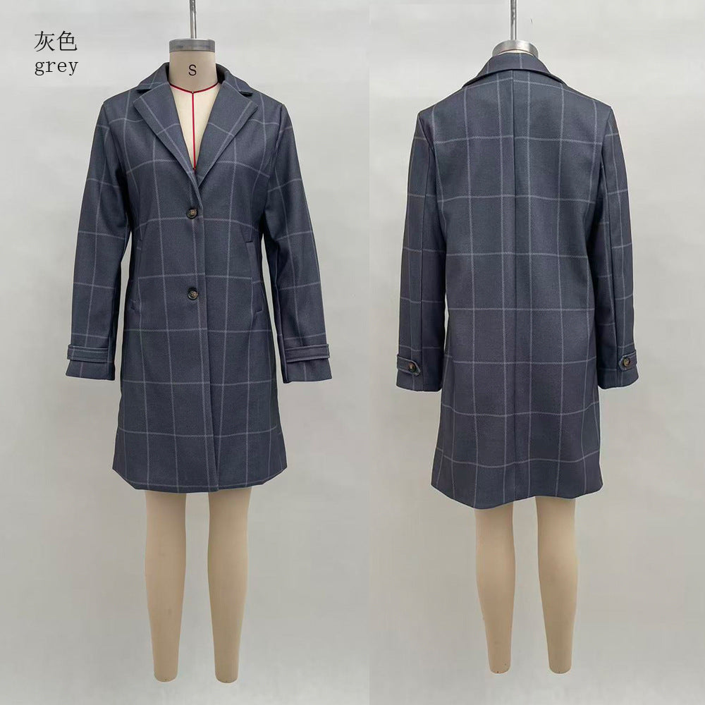 Women's checked wool blend coat with lapel collar, patch pockets, and tailored silhouette Mune Fashion