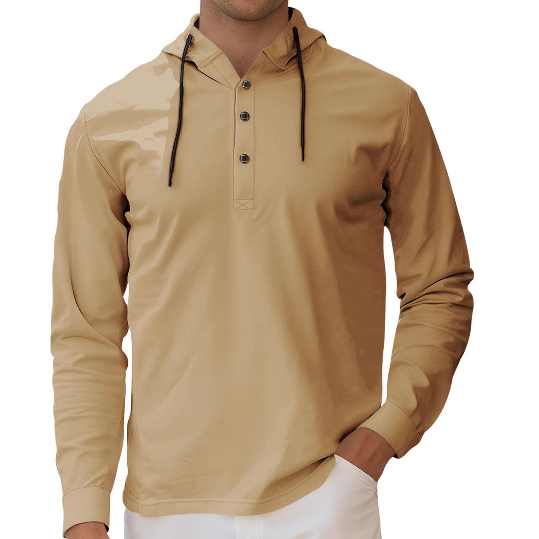 Men's Hooded Henley Long Sleeve Shirt made of lightweight stretch jersey with drawstring Mune Fashion