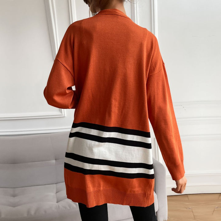 Women's Longline Cardigan with Contrast Stripes, Patch Pockets & Ribbed Cuffs Mune Fashion