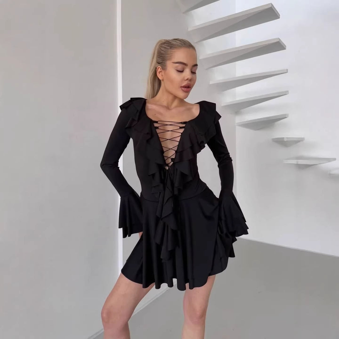 Women Ruffled Skater Dress with Ruffles, Flared Skirt and Bell Sleeves Mune Fashion