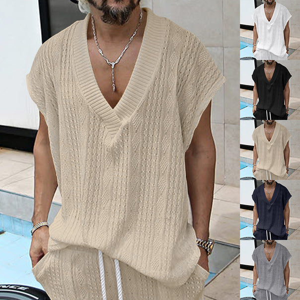 Men's knitted top made of coarse knit with deep V-neck and textured pattern Mune Fashion