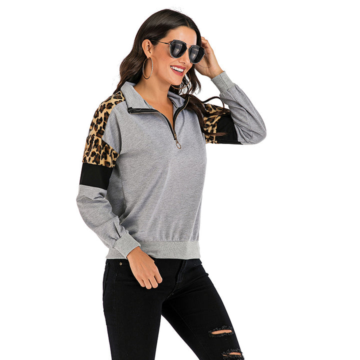 Women's sweatshirt with stand-up collar, half zipper & leopard detail Mune Fashion