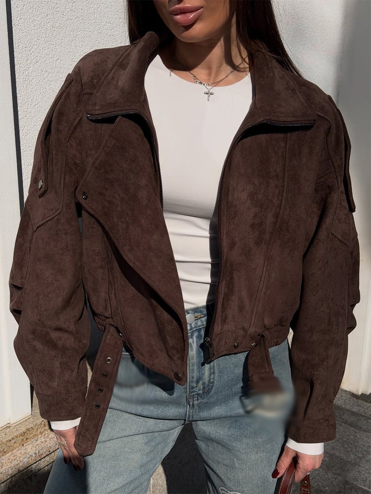 Ladies short-cut suede bomber jacket with belt & oversized sleeves Mune Fashion