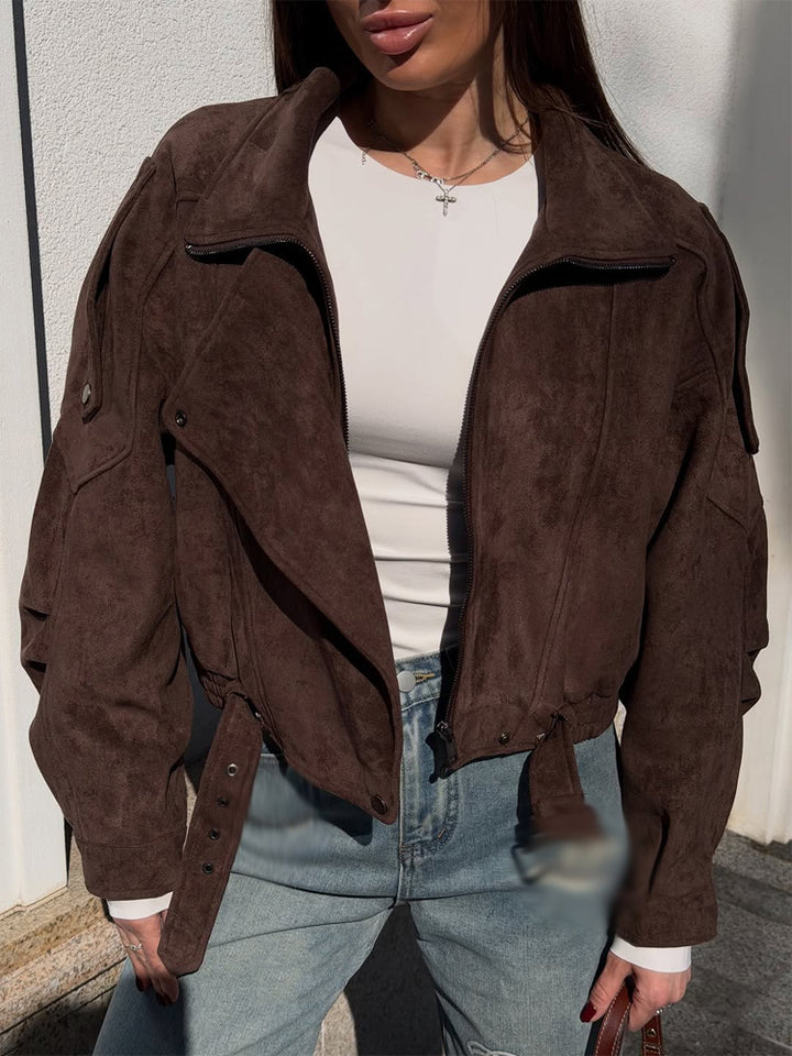 Ladies short-cut suede bomber jacket with belt & oversized sleeves Mune Fashion