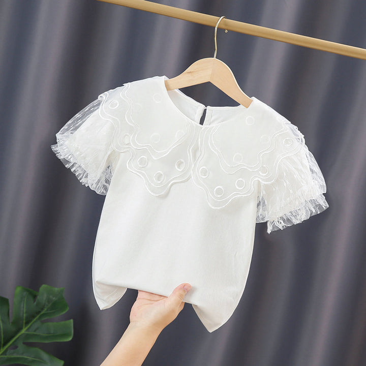 Girls blouse with transparent tulle sleeves and floral design Mune Fashion