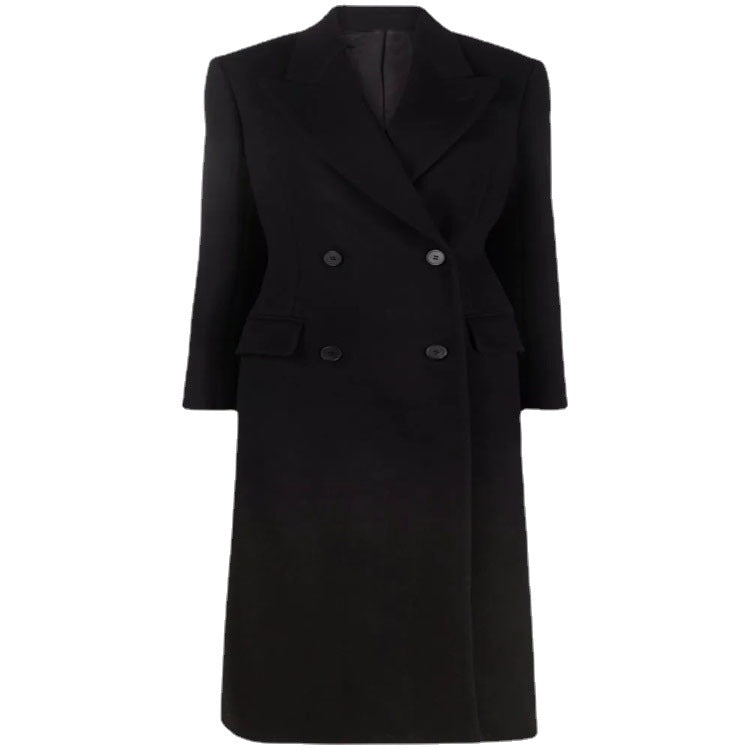 Women’s long coat in minimalist double-breasted style with tailored silhouette and flap pockets Mune Fashion