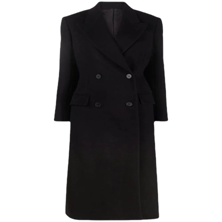 Women’s long coat in minimalist double-breasted style with tailored silhouette and flap pockets Mune Fashion