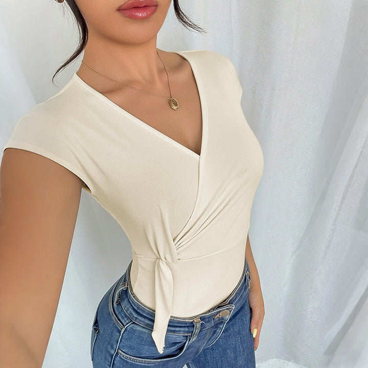Women's Wrap Bodysuit with Short Sleeve, Tailored Band and V-Neck Mune Fashion