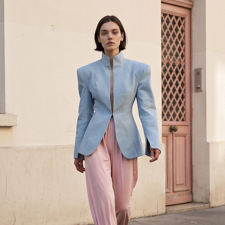 Women's tailored stand collar blazer with concealed hook closure and curved hem Mune Fashion