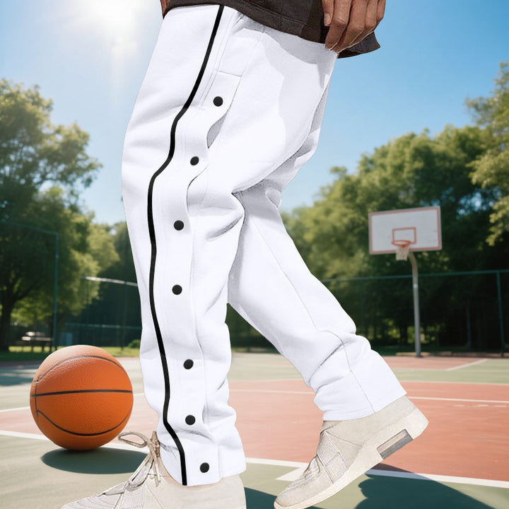 Men's wide training pants with side snap button placket, contrast stripes, elastic waistband, and straight leg Mune Fashion