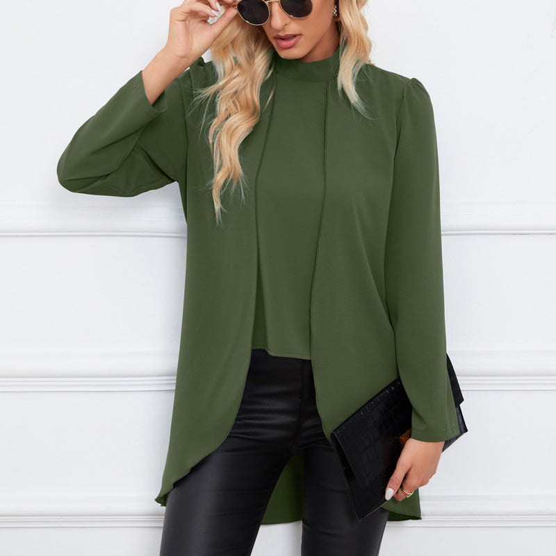 Women Casual Chiffon Blouse with Stand Collar and Extended Peplum Detail Mune Fashion