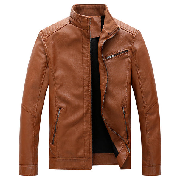 Men's Slim-Fit Leather Look Moto Jacket with Stand-Up Collar and Zipper Pockets Mune Fashion