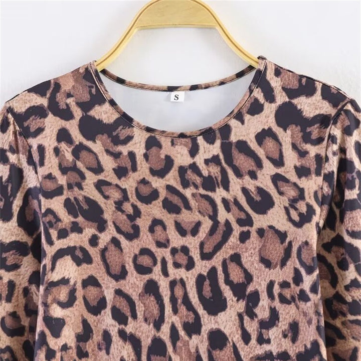 Women’s leopard print mini dress with round neckline, long sleeves, and A-line silhouette Mune Fashion