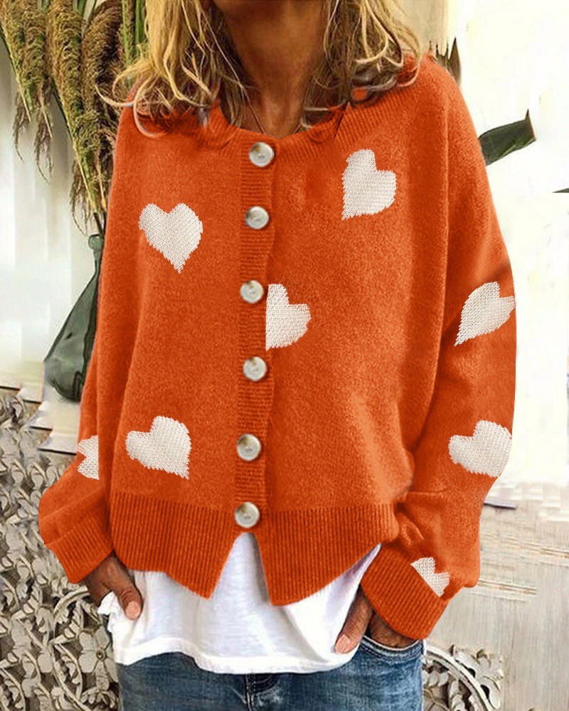 Women Buttoned Oversized Knitted Cardigan with Heart Jacquard and Pearl Buttons Mune Fashion