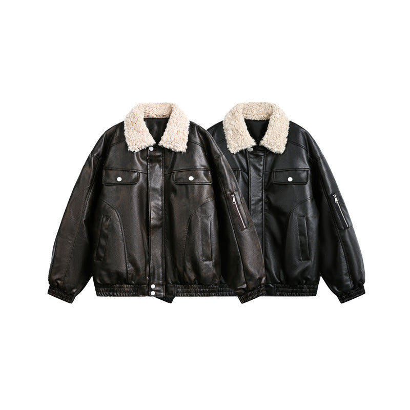 Men's aviator-inspired faux leather bomber jacket with teddy collar and sleeve utility pocket Mune Fashion