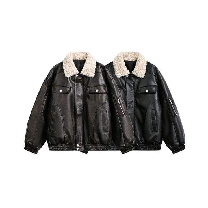 Men's aviator-inspired faux leather bomber jacket with teddy collar and sleeve utility pocket Mune Fashion