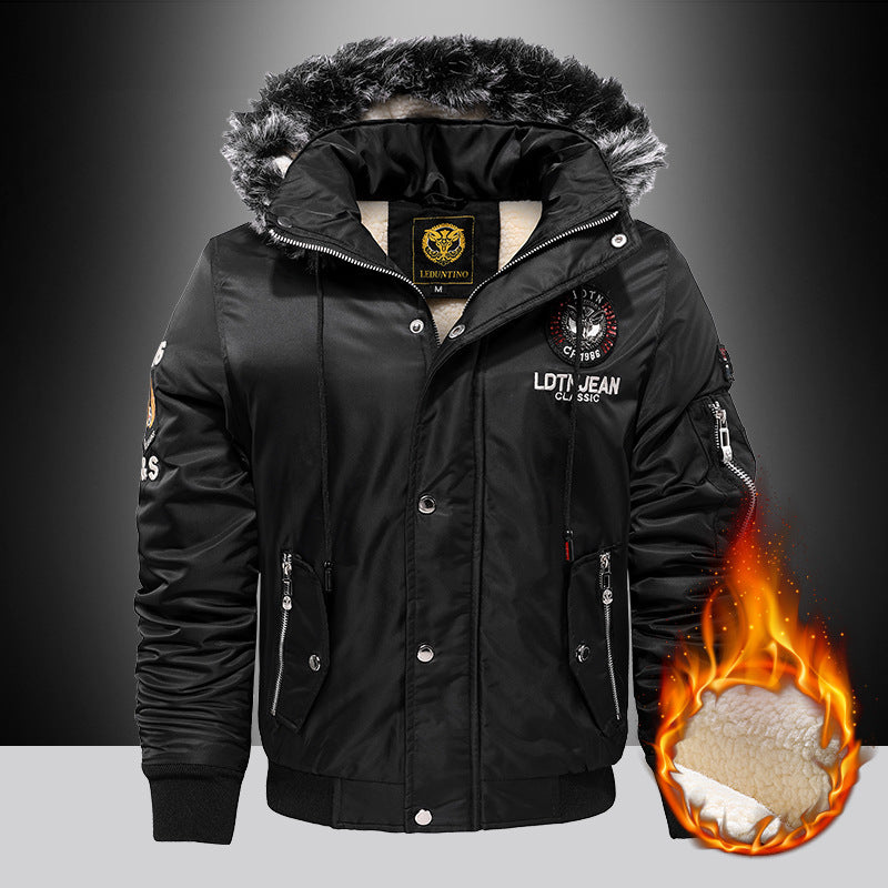 Men's padded thermo bomber jacket with Sherpa lining, removable faux fur hood, and water-repellent nylon outer shell Mune Fashion