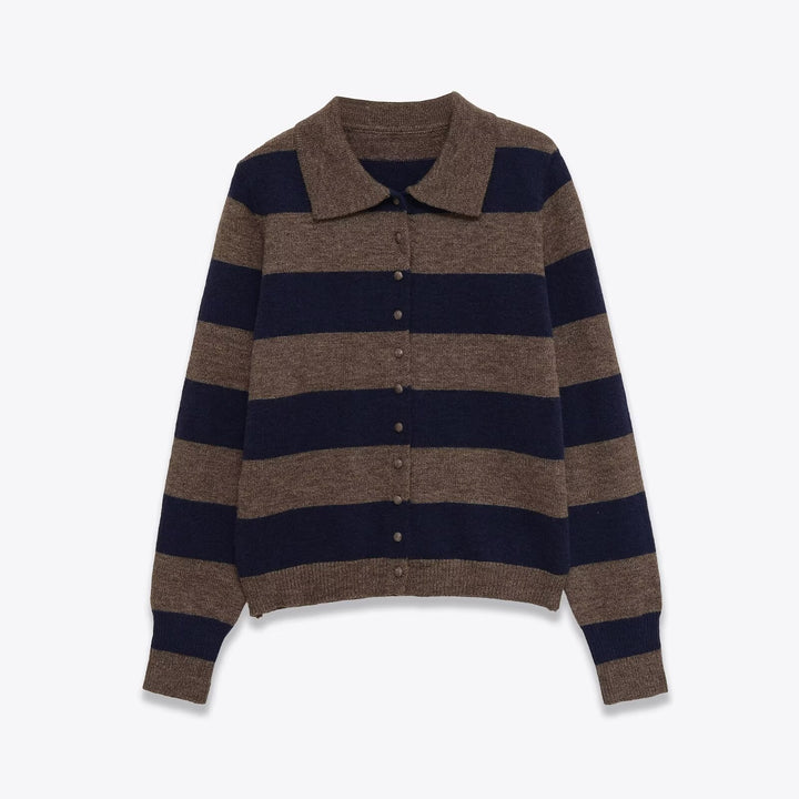 Women's Striped Knitted Cardigan with Shirt Collar and Button Placket Mune Fashion