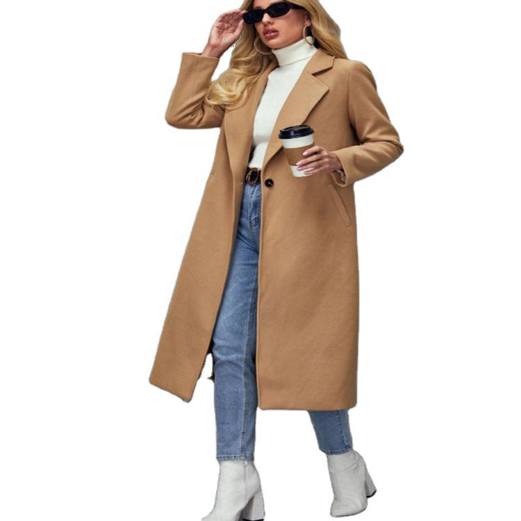 Women Maxilength Wool Blend Classic Coat with Minimalist Waist and Hidden Button Placket Mune Fashion