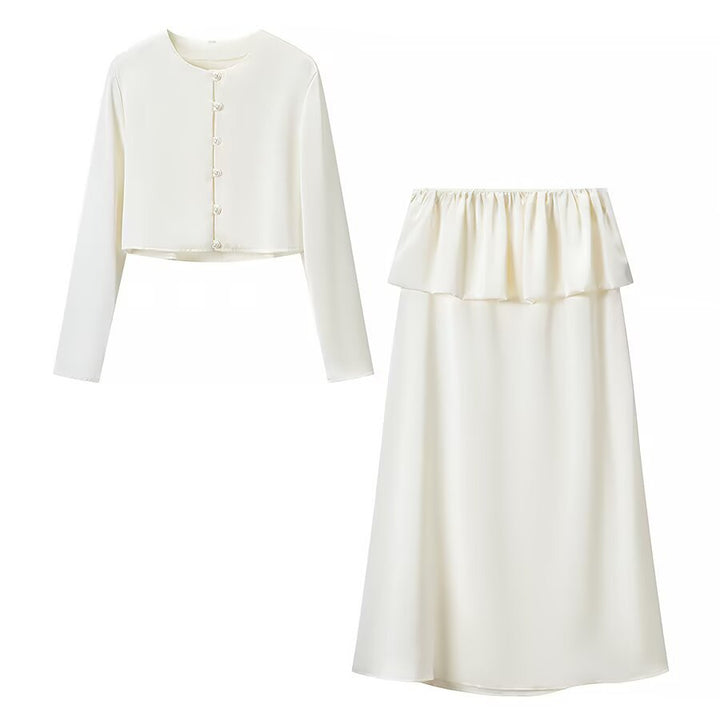 Women Two-Piece Satin Ensemble with Bolero Jacket and Midi Skirt Mune Fashion