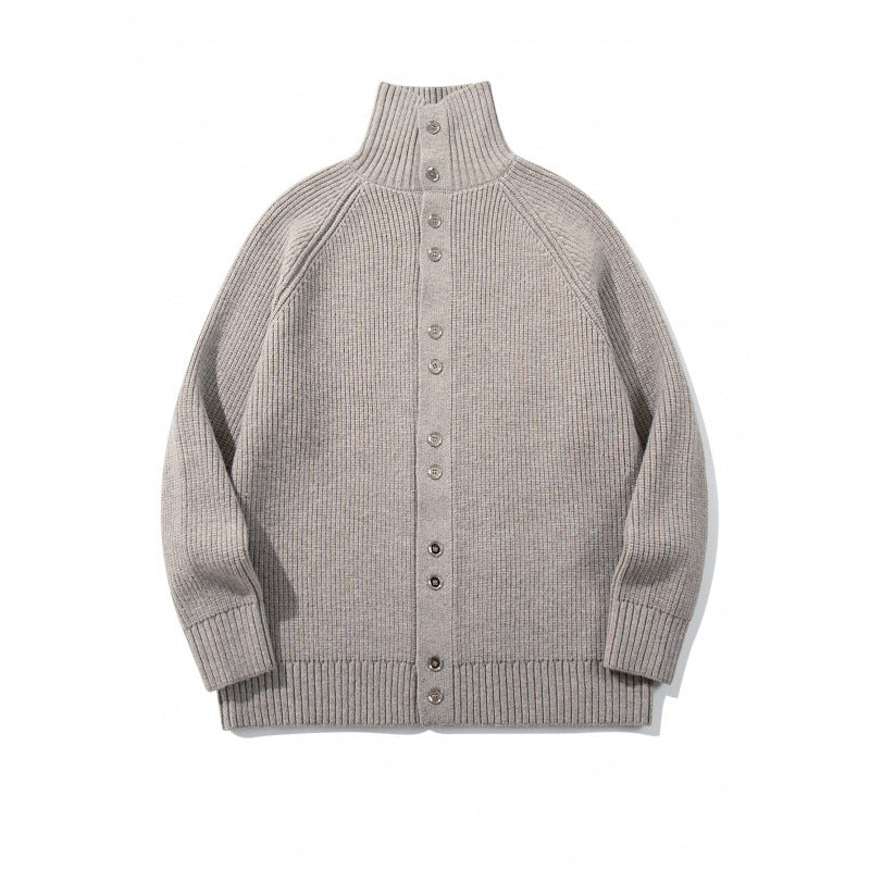 Men's chunky knit button cardigan with high roll collar and raglan sleeves Mune Fashion
