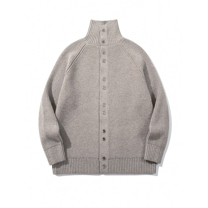 Men's chunky knit button cardigan with high roll collar and raglan sleeves Mune Fashion