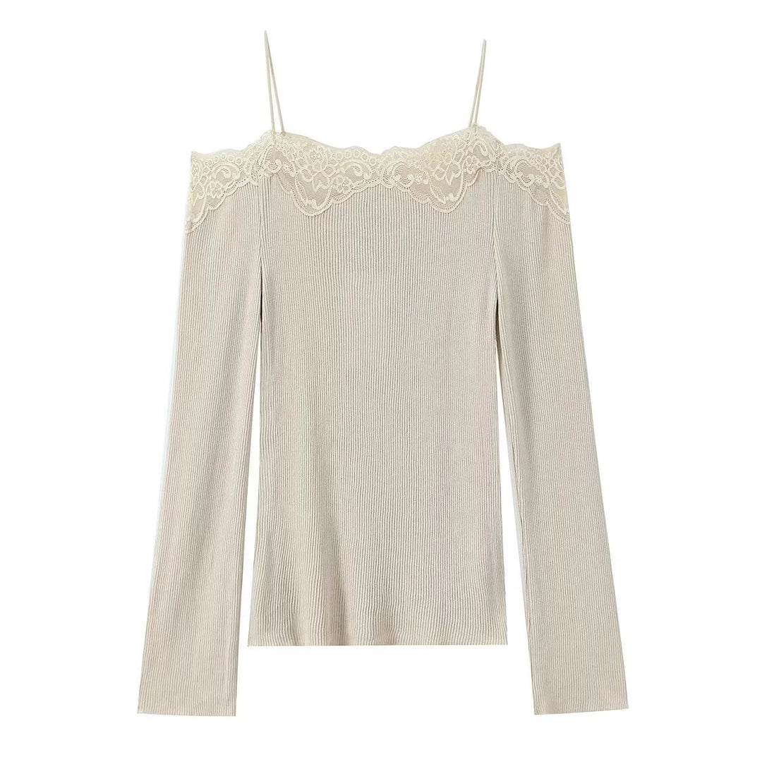 Women's fine-knit top with carmen neckline, spaghetti straps, and lace edge Mune Fashion
