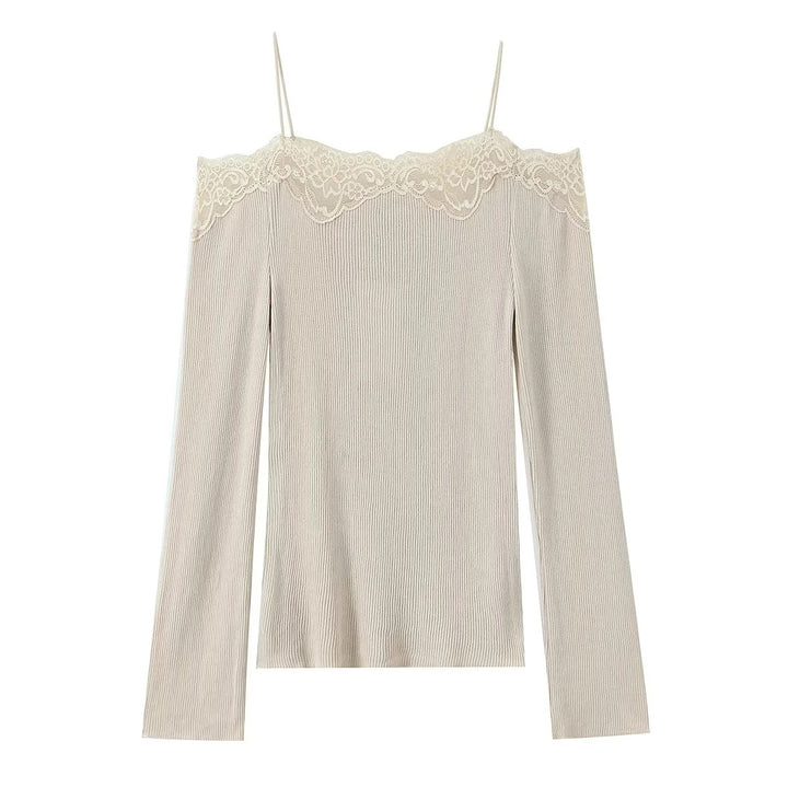 Women's fine-knit top with carmen neckline, spaghetti straps, and lace edge Mune Fashion