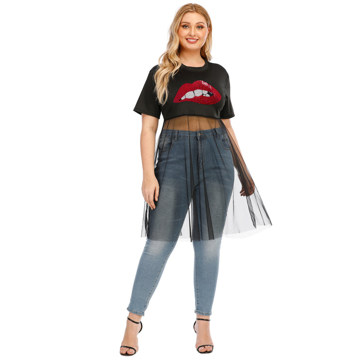 Women's fashionable crop top with transparent overlay and glitter trim Mune Fashion