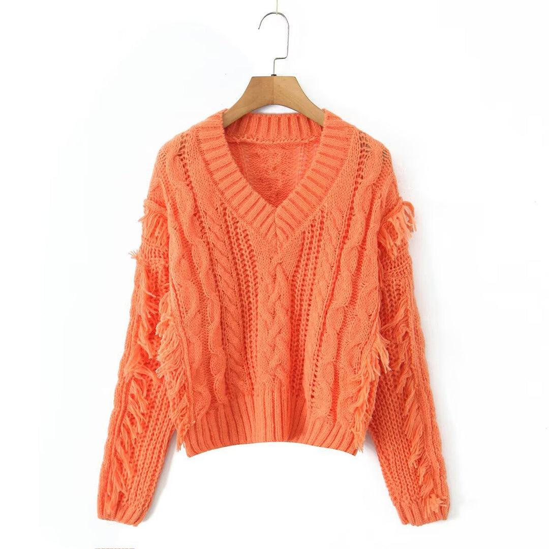 Women's Chunky Knit V-Neck Sweater with Cable Pattern and Fringes Mune Fashion