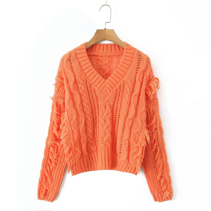 Women's Chunky Knit V-Neck Sweater with Cable Pattern and Fringes Mune Fashion