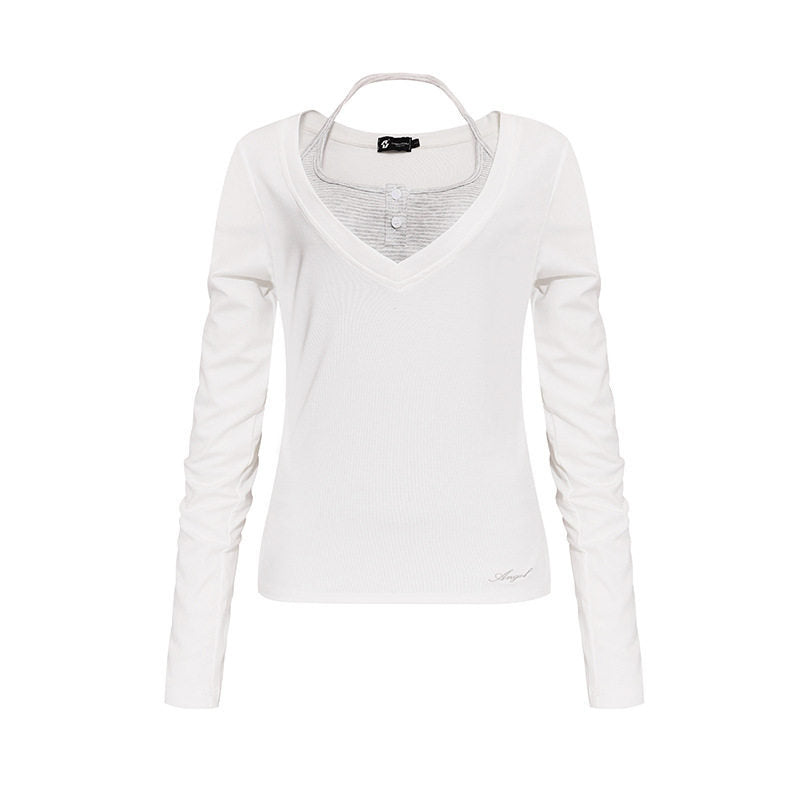Women's long sleeve shirt with double layer effect, deep V-neck and striped insert Mune Fashion
