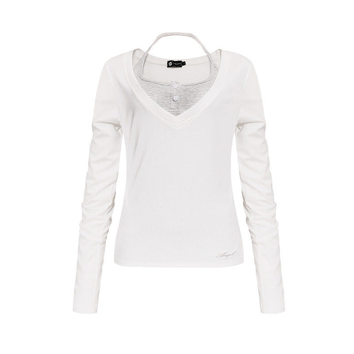 Women's long sleeve shirt with double layer effect, deep V-neck and striped insert Mune Fashion