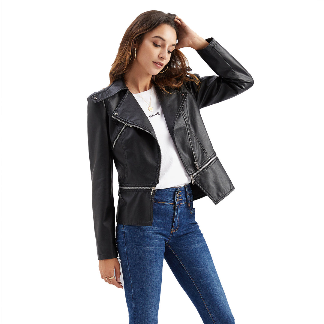 Women's fitted faux leather biker jacket with asymmetric lapel collar Mune Fashion